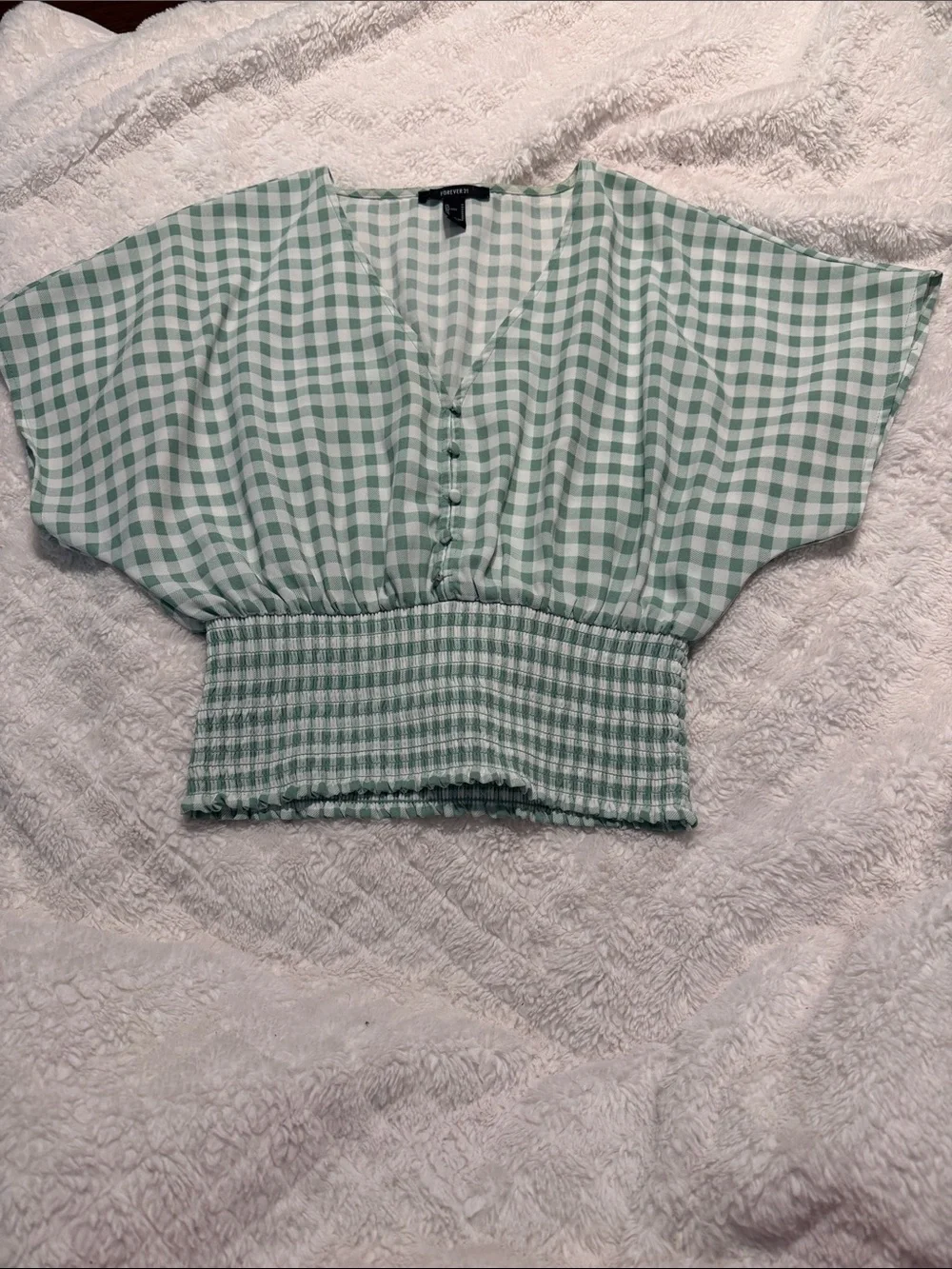 Forever 21 Mint Green Gingham Button-Front Smocked Crop Top - Picture 1 of 3